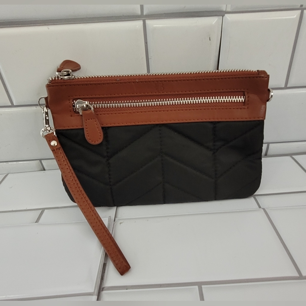Mighty Purse Ladies Small Black Quilted Nylon Pouch Wristlet Clutch Brown Faux L